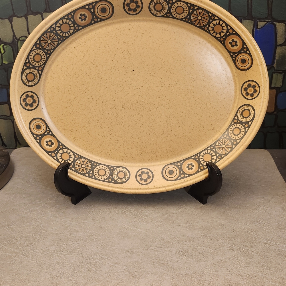 Vintage Tan Ceramic Serving Platter with Floral Design